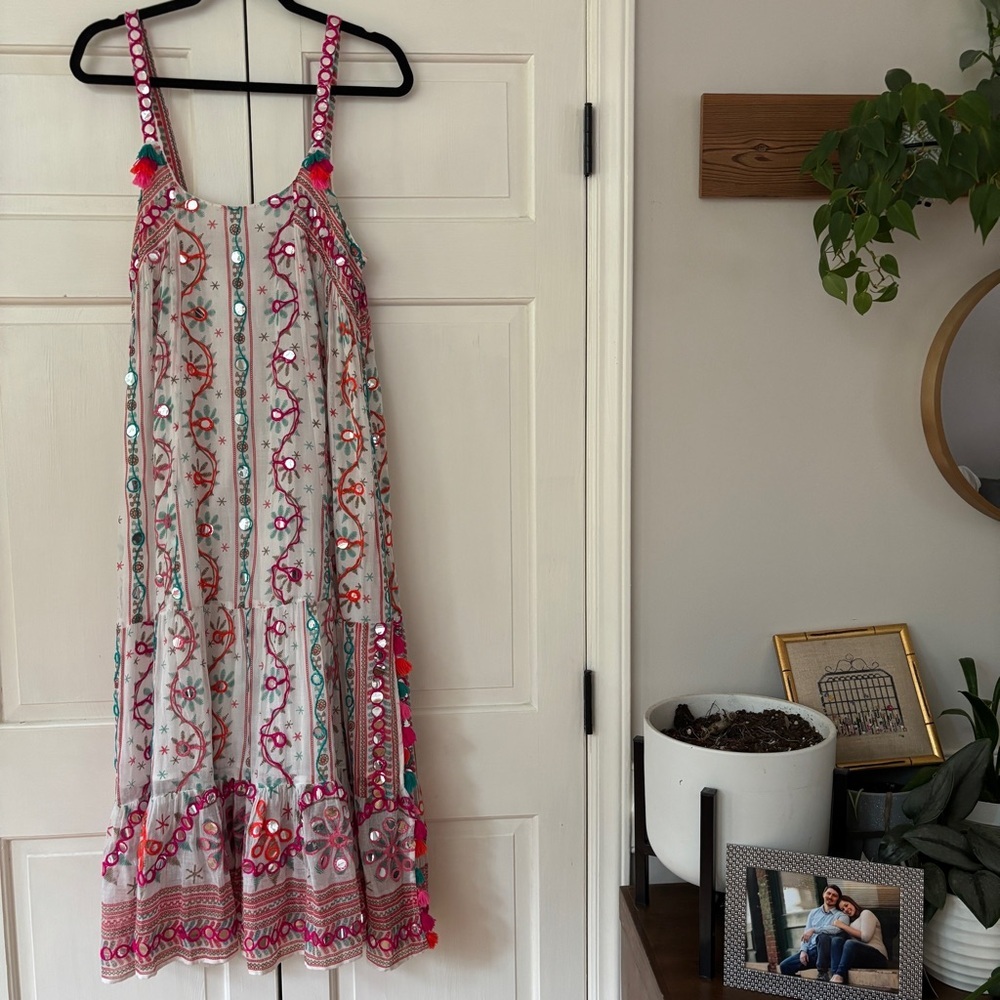 Juliet Dunn London Tribal Tassel Maxi Dress White Jade Embroidered Size 2 US 6/8 - Picture 2 of 16